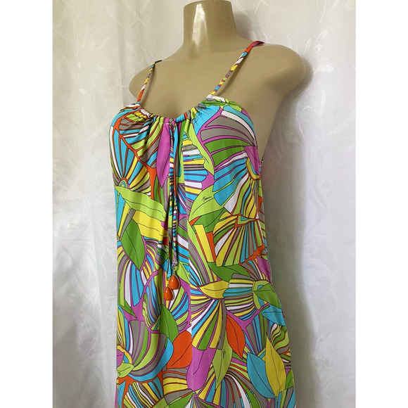 Trina Turk Tunic Dress Deco Palm Floral Green Spaghetti Strap Pocket Cov… - Picture 3 of 6